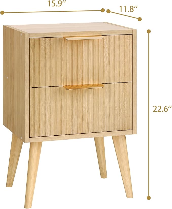 YAUKOMEL Fluted Nightstand, Small Bedside Table, Natural Wood Night Stand - Image 3