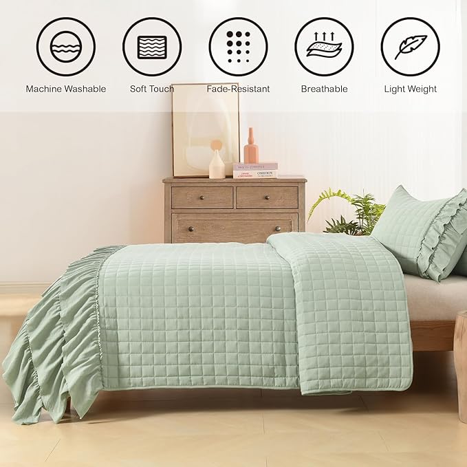HORIMOTE HOME Asakusa Green Ruffled Quilt Set Twin Size, Geometric Square - Image 2