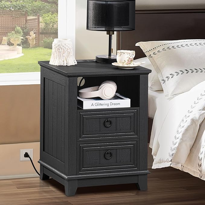 18" Night Stands Set of 2 with Charging Station, Farmhouse 2 Drawers End Table - Image 8