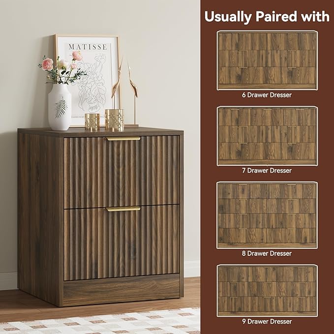 8 Drawer Dresser & Nightstand Set 3-Piece, 55” Wide Fluted Walnut Dresser and - Image 6