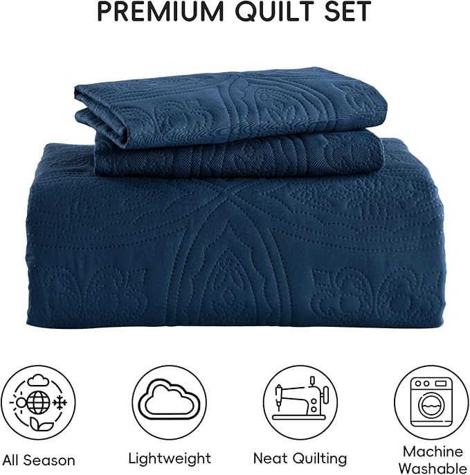 Yiran Navy Blue Quilt Set King Size Lightweight Bedspread Embossed Pattern Soft - Image 8