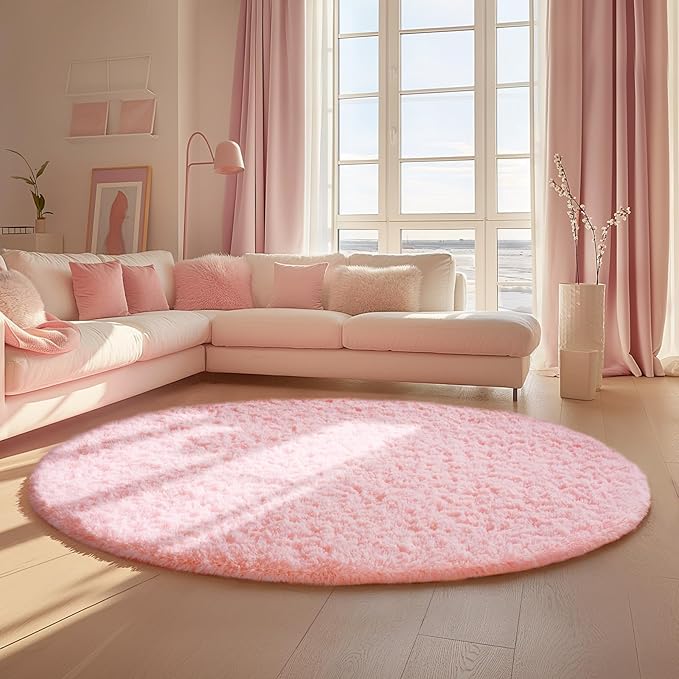 Ophanie Round Rugs 7Ft Pink Circle Area Rug, Fluffy Fuzzy Bedroom Carpet - Image 5