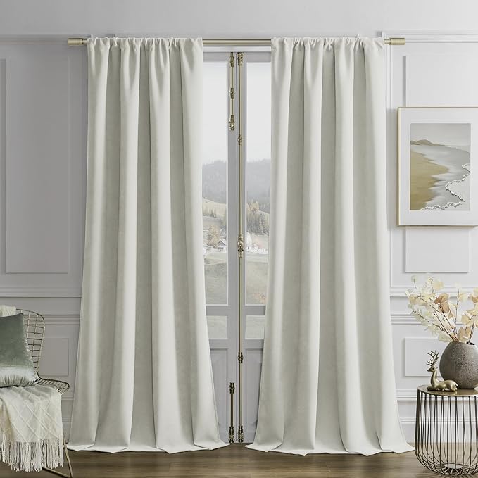 Joydeco Vanilla Grey Velvet Curtains 90 Inches 2 Panels, Luxury Thermal by JOYDECO