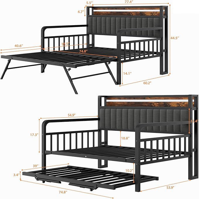 Daybed with Trundle and LED Light, Heavy Duty Metal Full Bed Frame with - Image 2
