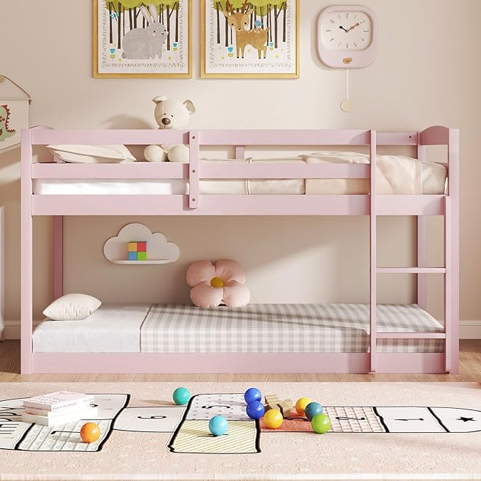 KOMFOTT Low Bunk Bed Twin Over Twin, Solid Wood Twin Bed Frame - Image 4