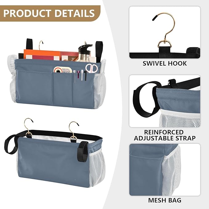 KOPIRIT Dusty Blue Bedside Caddy Storage Bag Bedside Organizer - Image 5