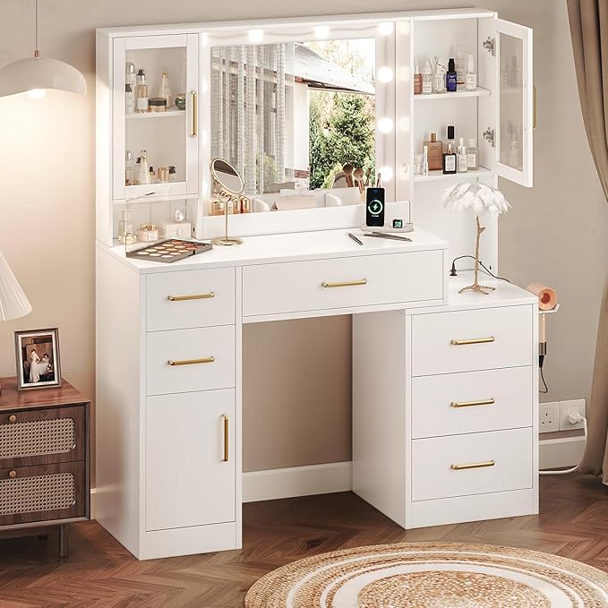 51" Vanity Desk with Mirror and Lights & Charging Station, Bedroom Dressing - Image 7