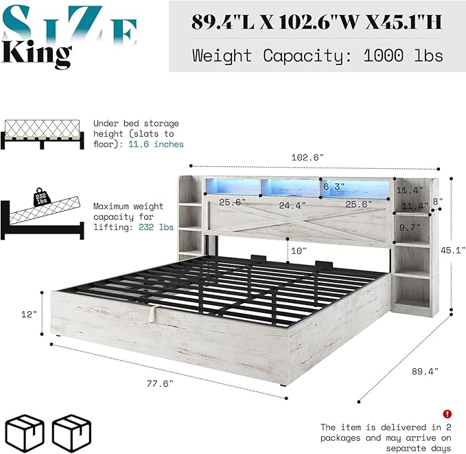 AMERLIFE King Size Lift Up Storage Bed Frame, 45.1" LED Bed Frame - Image 2