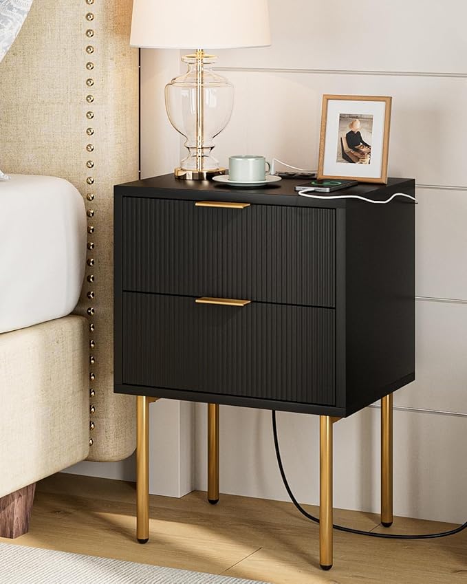 Masupu Nightstand with Charging Station, Mid-Century Modern Bedside Table with by Masupu