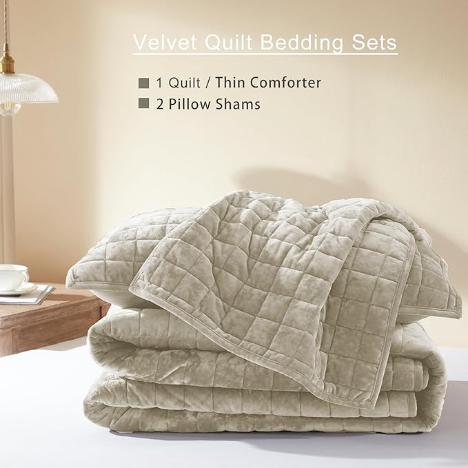 LEAONME Velvet Quilt California King-118''x106'', Lightweight Beige Velvet - Image 5