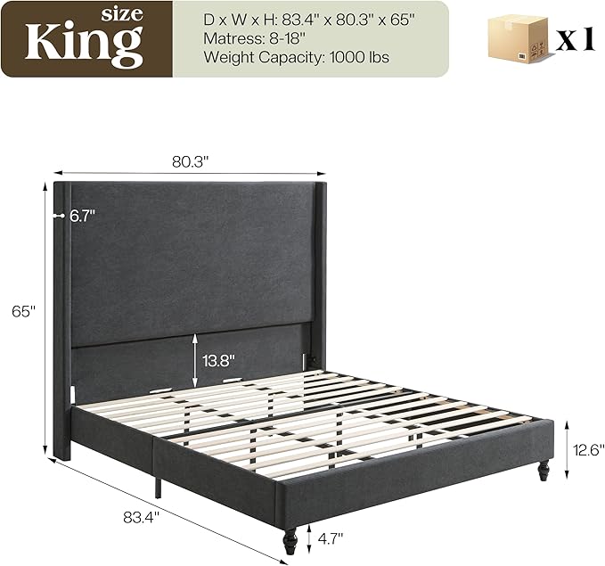 King Bed Frame with 65" Tall Headboard, Horizontal Fine Corduroy Bed Frame with - Image 2