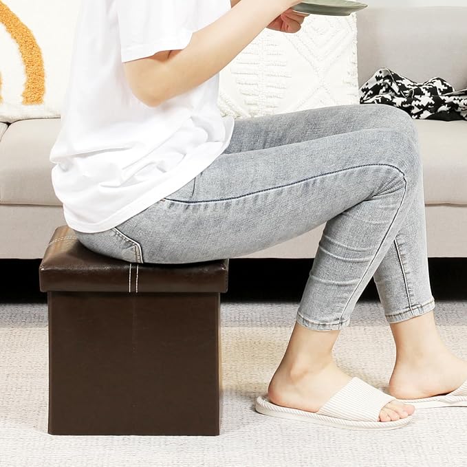 B FSOBEIIALEO Folding Storage Ottoman Cube, Faux Leather Footrest Seat Coffee - Image 4