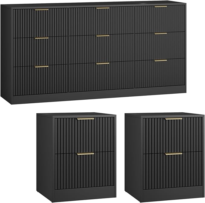 9 Drawer Dresser & Nightstand Set 3-Piece, 63” Wide Fluted Bedroom Dresser Set - Image 8