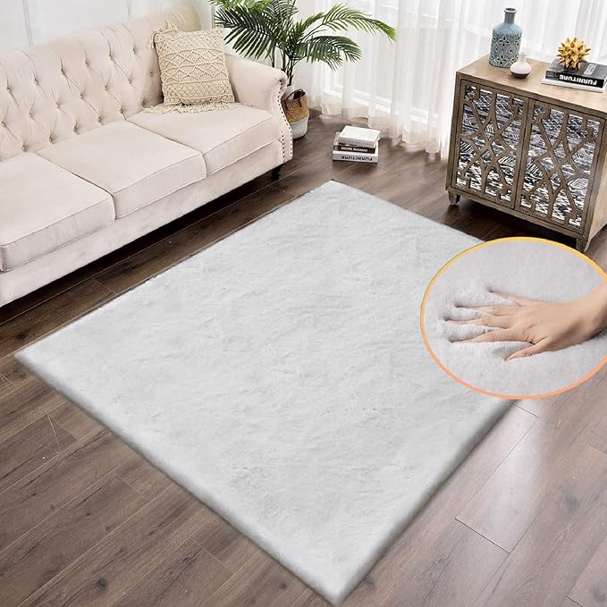 Washable Area Rugs 5x8 Rugs for Living Room Silver Grey Faux Rabbit Fur Rug for - Image 3