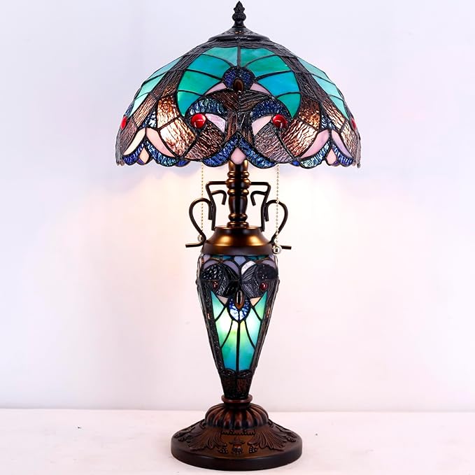 WERFACTORY Tiffany Style Table Lamp Green Stained Glass Liaison Lamp 12X12X22 - Image 4