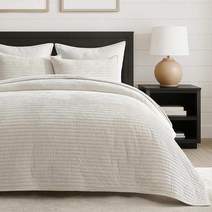 EVERGRACE Velvet Quilt Set King Size, Luxurious Soft Striped Channel Bedding Set - Image 2