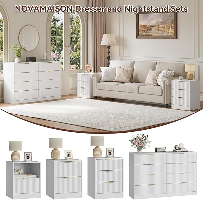 8 Drawer Dresser & Nightstand Set 3-Piece, 55” Wide Tall Fluted Dresser and - Image 4
