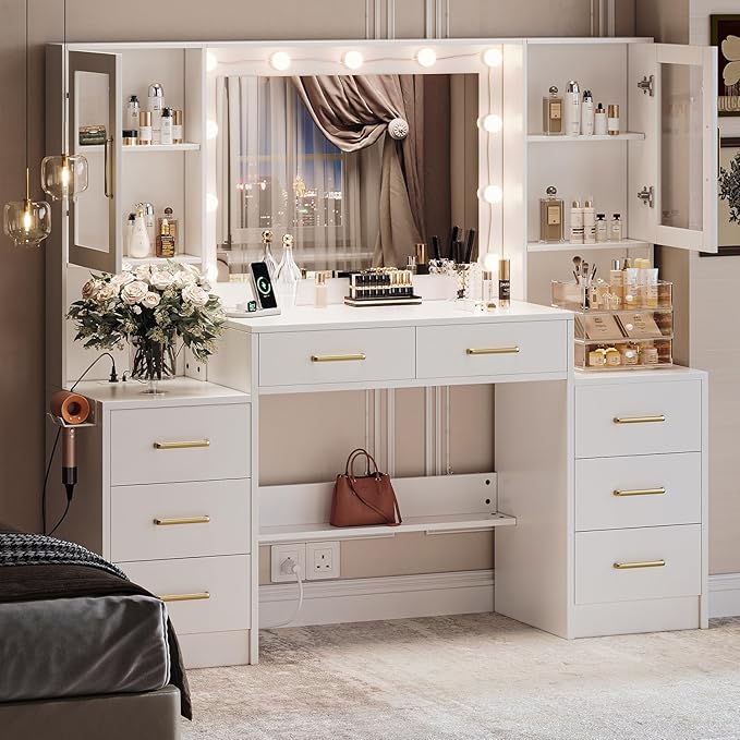 White Vanity Desk with Mirror, Lights & Charging Station, 2 Cabinets and Lots by TOKSOM