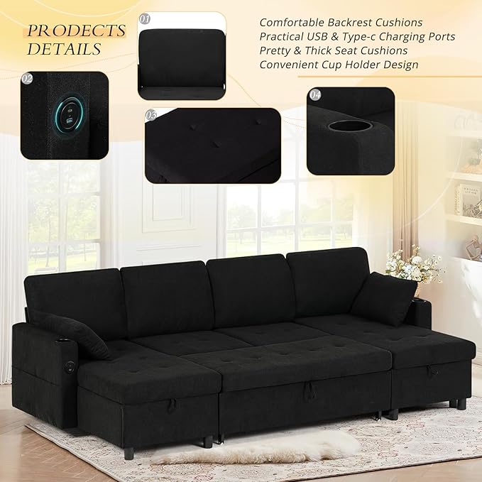 110" Fabric Pull-Out Couch Bed w/Adjustable Backrests, Sectional Sleeper Sofa - Image 4