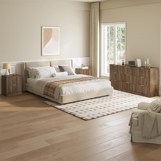 9 Drawer Dresser & Nightstand Set 3-Piece, 63” Wide Walnut Bedroom Dresser and - Image 2
