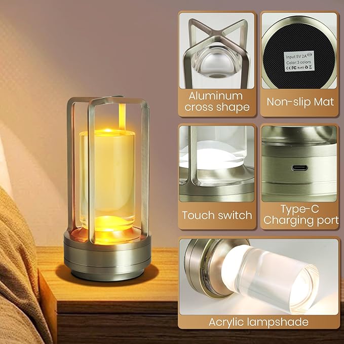 Crystal Table Lantern Light, Battery Operated Rechargeable Cordless Crystal - Image 4