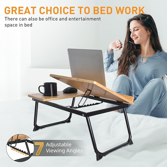 wishacc Book Stand for Reading in Bed, Bamboo Laptop Stand Adjustable Book - Image 6
