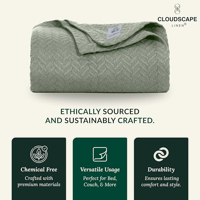 Cloud Scape Linen 100% Cotton Throw Blanket 50x70 Olive Green, Luxury - Image 5