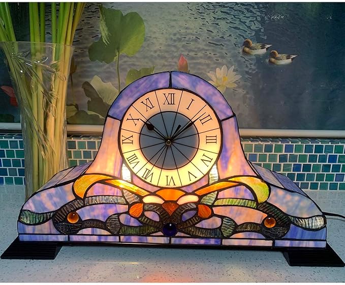 Bieye L10661 Baroque Desk Clock Tiffany Style Stained Glass Accent Table Lamp - Image 2