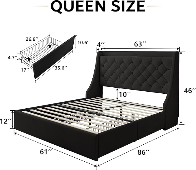 iPormis Queen Bed Frame with 4 Storage Drawers, Upholstered Platform Bed Frame - Image 2