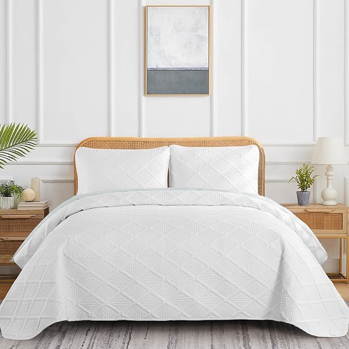 Yiran White Quilt Set King Size Fall Bedspreads Embossed Diamond Pattern 3 - Image 2
