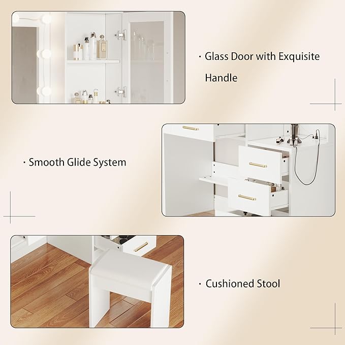 White Vanity Desk with Mirror, Lights & Charging Station, 2 Cabinets and Lots - Image 8