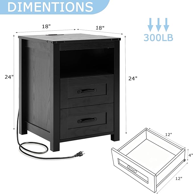 Puntogen Black Night Stand, Rustic End Table - Image 2