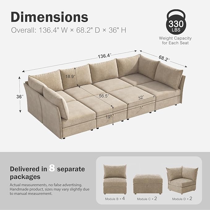 ABCASA 136.4" Oversized Modular Sectional Sleeper Sofa Bed, U Shaped - Image 2