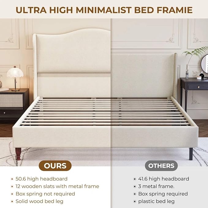 koorlian King Size Bed Frame Fully Upholstered Platform Bed - Image 6