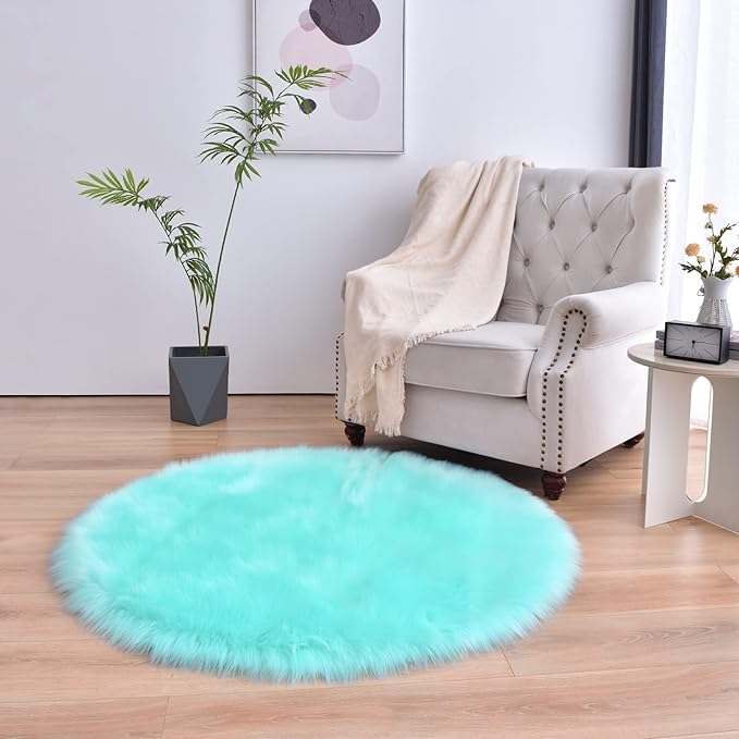 duduta Turquoise Blue Faux Sheepskin Round Rug 4x4 ft, Fluffy Shag Fur Bedroom - Image 6