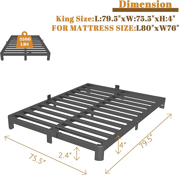King Size Bed Frame 4 Inch Black, Metal King Bed Frame - Image 2