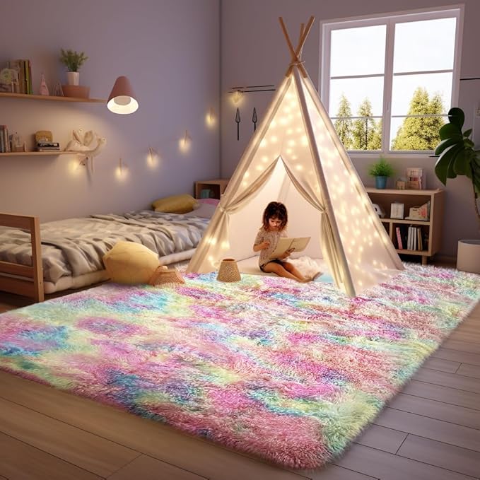 Ophanie Rainbow Colorful Rugs for Living Room 5x8, Unicorn Fluffy Shag Fuzzy - Image 5