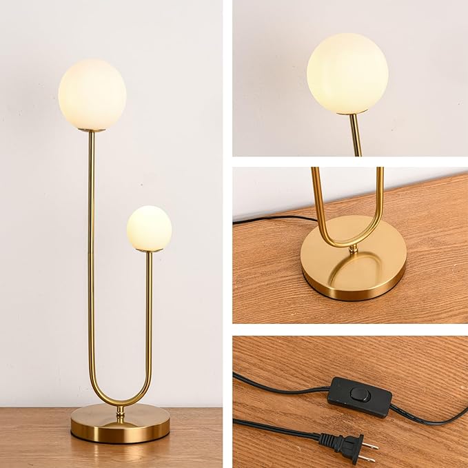 Mid Century Gold Globe Table Lamp Modern U-Shape 2-Light Desk Table Light - Image 4