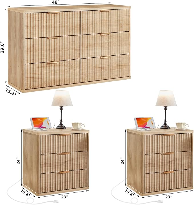 LEYAOYAO 48" Wide Fluted Dresser and 3 Drawers 23" Nightstand Set of 2 - Image 3