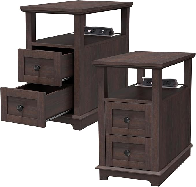 HIFYOBRO Narrow End Table with Flip Top Charging Station Set of 2, Side Table by HIFYOBROUS