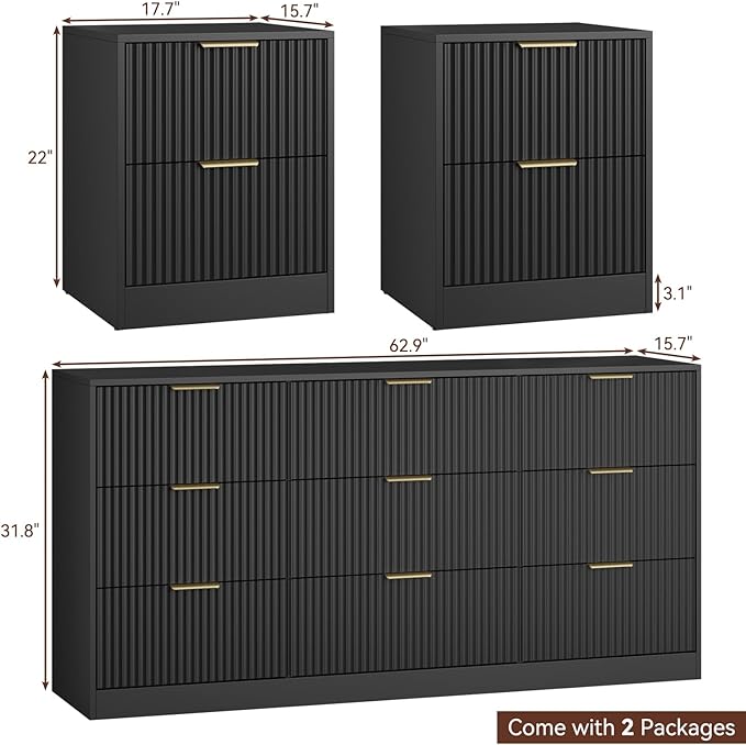 9 Drawer Dresser & Nightstand Set 3-Piece, 63” Wide Fluted Bedroom Dresser Set - Image 3