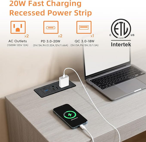 2 Pack Recessed Power Strips USB, 20W Fast Charging Furniture Outlets - Image 2