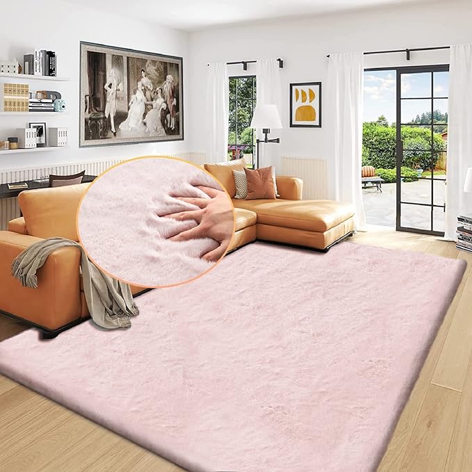 Shag Rug 6x9 Area Rugs for Living Room Pink Fuzzy Washable Faux Rabbit Furry by ORINOVA