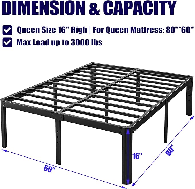 Hunlostten 16" High Queen Bed Frame No Box Spring Needed, Heavy Duty Metal - Image 3