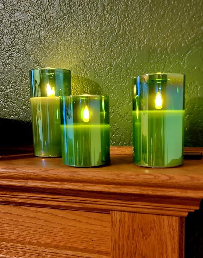 Eywamage Green Glass Flameless Pillar Candles - Image 8