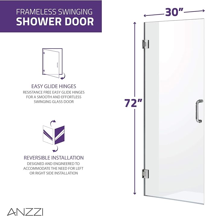 ANZZI 72" x 30" Frameless Shower Door in Polished Chrome, Water Repellent Glass - Image 3