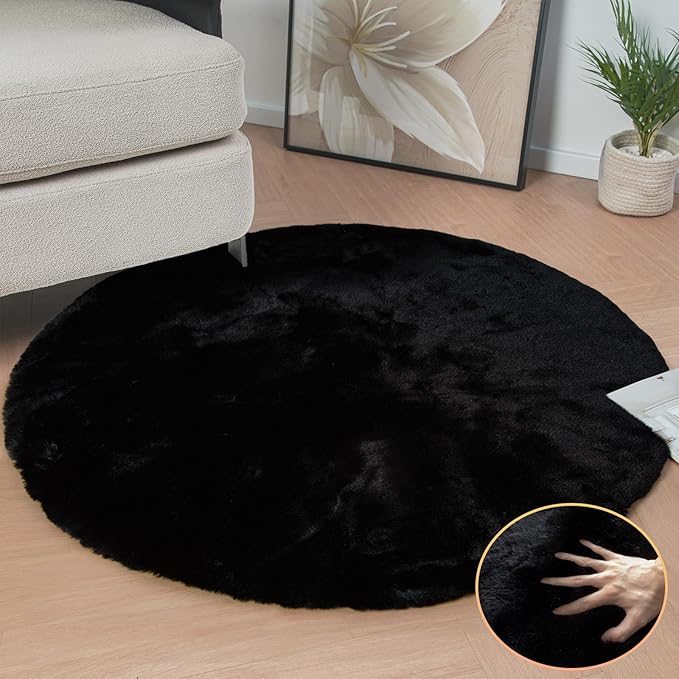 Black Rabbit Shaggy Fur Rug for Bedroom Washable Furry Circle Area Rugs for - Image 3