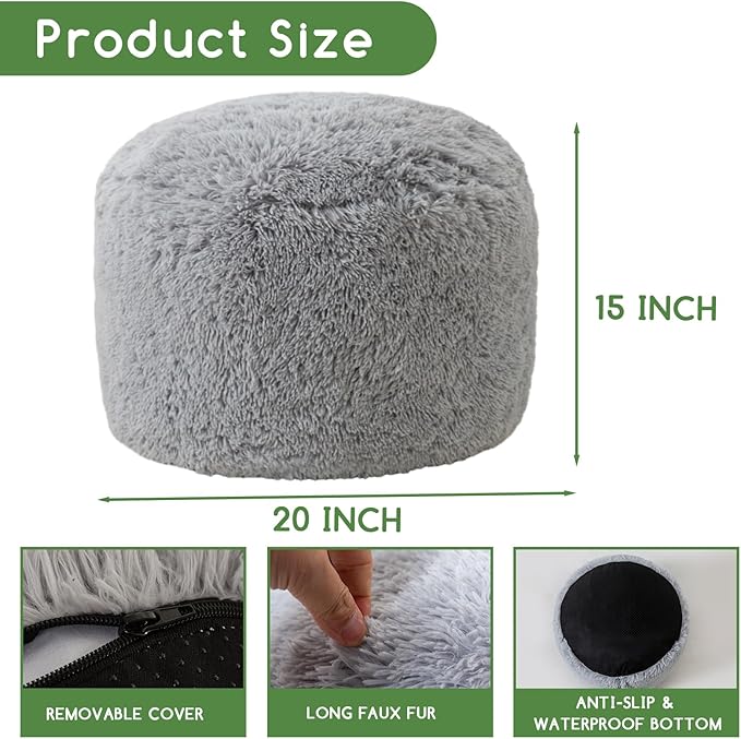 HIGOGOGO Round Stuffed Pouf Ottoman, Long Faux Fur Poufs - Image 2