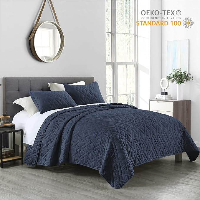 HORIMOTE HOME Quilt Set Queen Size Navy Blue, Classic Geometric Diamond - Image 2