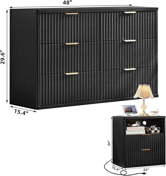 LEYAOYAO 48" Wide Fluted Dresser and 2 Drawers 23" Nightstand Set of 2 - Image 3